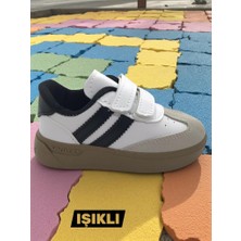 Ellaboni Günlük Unisex Çocuk Şeritli Siyah Beyaz Işıklı Sneaker Cırtlı Hafif Rahat Spor Ayakkabı