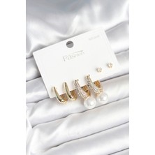 Nuvigo Pirinç Gold Renk Zirkon Taşlı Inci Detaylı 925 Ayar Gümüş Çivili Kadın Küpe Seti - TJ-BKP11252