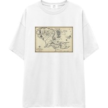 The Lucid Lab Yüzüklerin Efendisi Orta Dünya Haritası - Lord Of The Rings Oversize Tişört -Beyaz