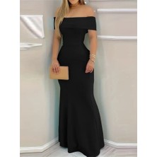 Moderie Butik Kadın Kısa Kollu Madonna Yaka Belden Oturtmalı Uzun Ithal Krep Elbise