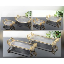 6 Parça Gold Renk Metal Çerçeveli Cam Servis Tabağı Seti