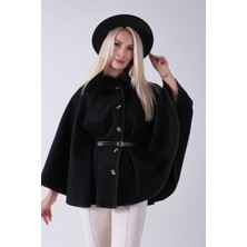 Feminist Siyah Yakası Kürklü Dikiş Detaylı Kemerli Panço 47122731.01