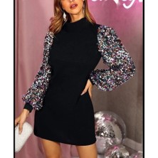 Moderie Butik Kadın Uzun Kollu Kolları Payet Bisiklet Yaka Kısa Kaşkorse Elbise