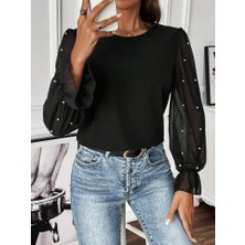 Moderie Butik Kadın Uzun Kollu Bisiklet Yaka Tül Detaylı Incili Ithal Krep Bluz
