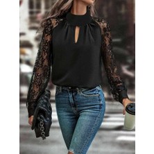 Moderie Butik Kadın Uzun Kollu Göğüs Pencere Detay Yaka Boğazlı Kolları Tüllü Sandy Bluz