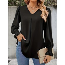Moderie Butik Kadın Uzun Kollu V Yakalı Salaş Ithal Krep Bluz