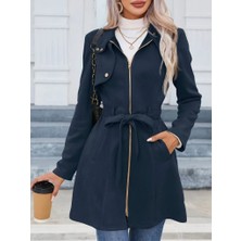 Moderie Butik Kadın Uzun Kollu Boyundan Düğmeli Fermuarlı Beli Kuşaklı Süet Ceket
