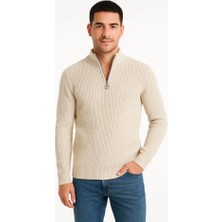 Moderie Butik Erkek Yarım Fermuarlı Triko Kazak – Selanik Örgü, Dik Yaka, Pamuklu Dokuma, Regular Fit Uzun Kollu Kışlık Model - Bej
