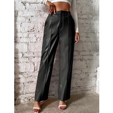 Moderie Butik Kadın Önden Fermuarlı Cepli Geniş Kesim Lame Deri Pantolon