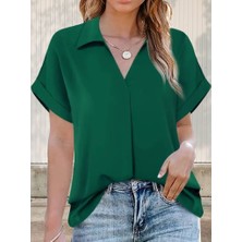 Moderie Butik Kadın Kısa Kollu Yakalı Uzun Sandy Bluz