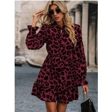 Moderie Butik Kadın Uzun Kollu Yakadan Bağcıklı Modal Leopar Desenli Mini Elbise