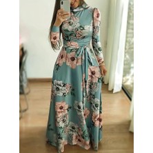 Moderie Butik Kadın Uzun Kollu Yuvarlak Yakalı Beli Kuşaklı Desenli Süprem Uzun Elbise