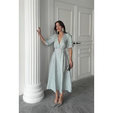 Moderie Butik Mint Işıltılı Kemerli Kruvaze Elbise