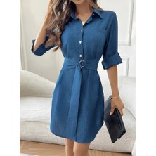 Moderie Butik Kadın Uzun Kollu Yakalı Önden Düğmeli Beli Kuşaklı Mini Ithal Keten Elbise