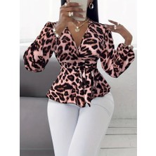 Moderie Butik Kadın Uzun Kollu Kruvaze Yakalı Belden Kuşaklı Leopar Desenli Süprem Bluz
