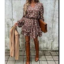Moderie Butik Kadın Uzun Kollu V Yakalı Belden Kuşaklı Puantiyeli Mini Modal Elbise