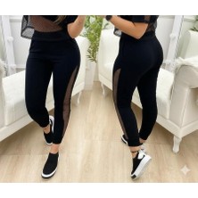 Moderie Butik Kadın Yüksek Bel File Detaylı Dar Kesim Viskon Iki Iplik Pantolon