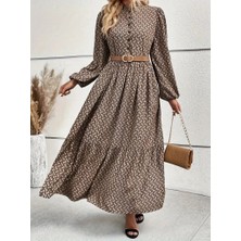Moderie Butik Kadın Uzun Kollu Hakim Yakalı Düğmeli Kemersiz Desenli Maxi Süprem Elbise