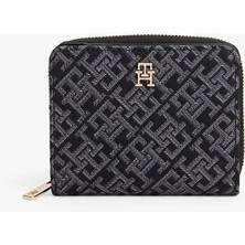 Tommy Hilfiger Th Icon Orta Boy Kapaklı Fermuarlı Jakarlı Kadın Siyah Cüzdan AW0AW17957BDS
