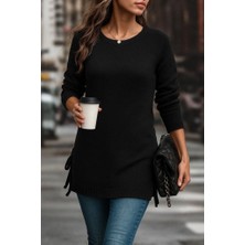 Moderie Butik Kadın Uzun Kollu Yuvarlak Yakalı Yanlardan Bağcıklı Triko Bluz