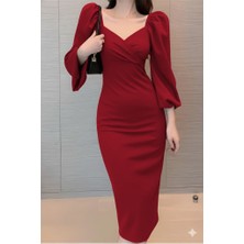 Moderie Butik Kadın Uzun Kollu Kalp Yakalı Midi Ithal Krep Elbise