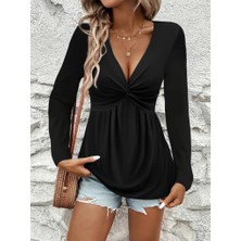Moderie Butik Kadın Uzun Kollu Dekolteli Sarmal Detaylı Viskon Bluz