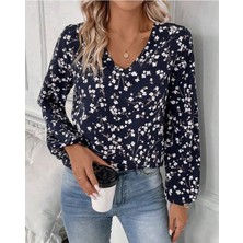 Moderie Butik Kadın Uzun Kollu V Yakalı Çiçek Desenli Modal Bluz