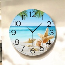 AA Shop Deniz Sahil Renkli Baskı Desenli Sayılı Hediyelik Ahşap Sessiz Tablo Duvar Saati