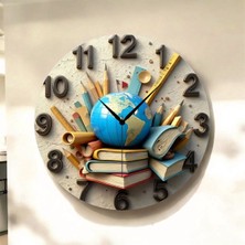 AA Shop Dünya Kitap Okul Öğretmen Renkli Baskı Desenli Sayılı Hediyelik Ahşap Sessiz Tablo Duvar Saati