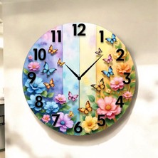 AA Shop Çiçek Renkli Baskı Desenli Sayılı Hediyelik Ahşap Sessiz Tablo Duvar Saati