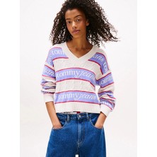 Tommy Hilfiger Tjw Çizgili Logolu Kadın Beyaz Kazak DW0DW21682YBH