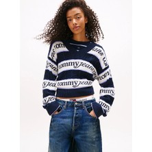 Tommy Hilfiger Tjw Çizgili Logolu Kadın Mavi Kazak DW0DW21682C1G