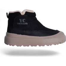 Moda Ayakkabı Twincers 2028 Siyah-Bej Kadın Kışlık Düz Bot Ayakkabı