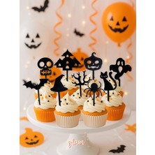 Glam Dekorasyon Cadılar Bayramı Halloween Korku Temalı Parti Siyah 9lu Cupcake Kek Tatlı Pasta Kürdanı Süsü