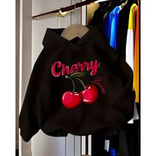 Punix Kids Punıx Kıds Özel Üretim Cherry Baskılı Kapüşonlu %100 Pamuk Kışlık Kız Çocuk Oversize Sweatshırt