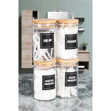 Naturelove 4'lü Bambu Vakumlu Kapaklı Kulak Pamuğu Makyaj Pamuğu Diş Ipi ve Pamuk Kavanozu Pamukluk Seti 250 ml