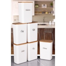 Naturelove 6'lı Beyaz Erzak Saklama Kutusu Ahşap Vakumlu Kapaklı 3 Lt Akrilik Etiketli