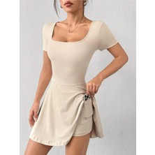 Mini Kare Yaka Tenis Elbisesi + Cepli Şort Eklentili Elbise