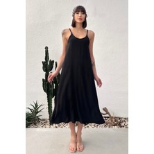 Kadın Ayarlanabilir Askılı Uzun Siyah Elbise