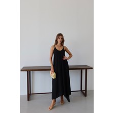 Kadın Siyah Aerobin Kumaş Ayarlanabilir Askılı Uzun Siyah Elbise