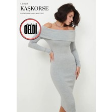 Kaşkorse Madonna Yaka Uzun Kollu Mini Elbise-Kayık Yaka Açık Gri