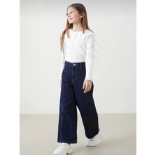 Kız Çocuk Koyu Mavi Mid Rise Wide Leg Jean Pantolon