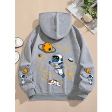 Kids Face Özel Tasarım Kapüşonlu Astronot Nasa Sırt Baskılı %100 Pamuk Oversize Erkek Çocuk Sweatshırt
