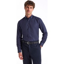 Fabrika Slim Fit Düğmeli Yaka Armürlü Lacivert Erkek Gömlek Maydos-Y 401