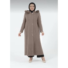 Çakıl Kadın Büyük Beden Astarlı Tesettür Kapüşonlu Düğmeli  Kaşe Manto