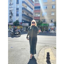 Mesga Butik Siyah Çizgi Desenli Elbiseli Hırka Triko Takım Haki