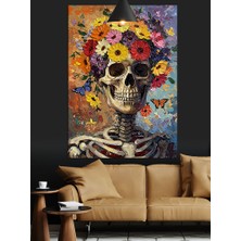 Artmeg Kafatası ve Canlı Çiçeklerin Bileşimi Dekoratif Kanvas - Mdf Ahşap Tablo