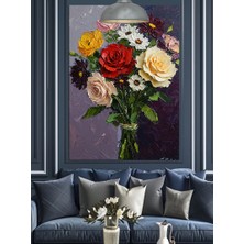 Vazoda Canlı Renkli Çiçeklerin Buketi Dekoratif Kanvas - Mdf Ahşap Tablo