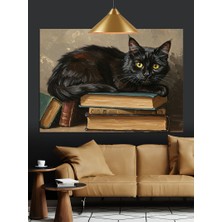 Karizma Tablo Siyah Kedi Kitap Uyku Dekoratif Kanvas - Mdf Ahşap Tablo