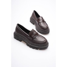 Mubiano Kadın Deri Loafer Oxford Krokodil Desenli Kalın Comfort Tabanlı Kahve Carmin